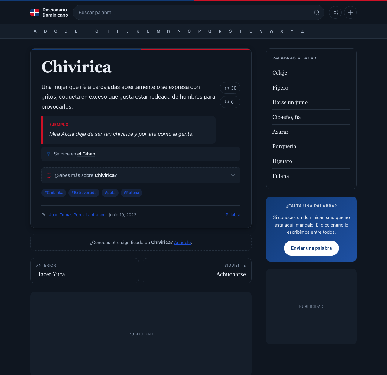 Ficha de una palabra del Diccionario Dominicano con los dos espacios de publicidad señalados
