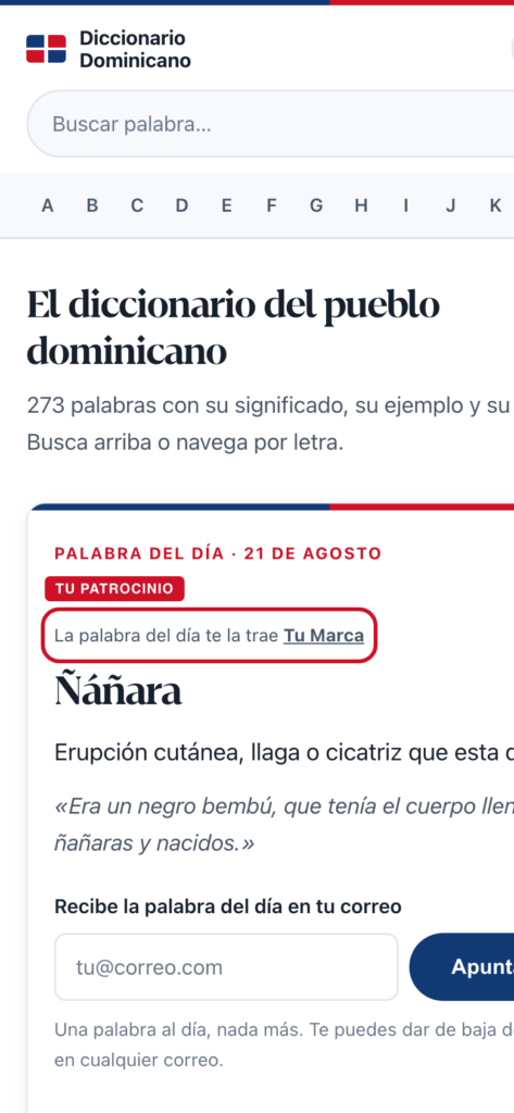 La palabra del día en la portada con el sitio del patrocinador señalado